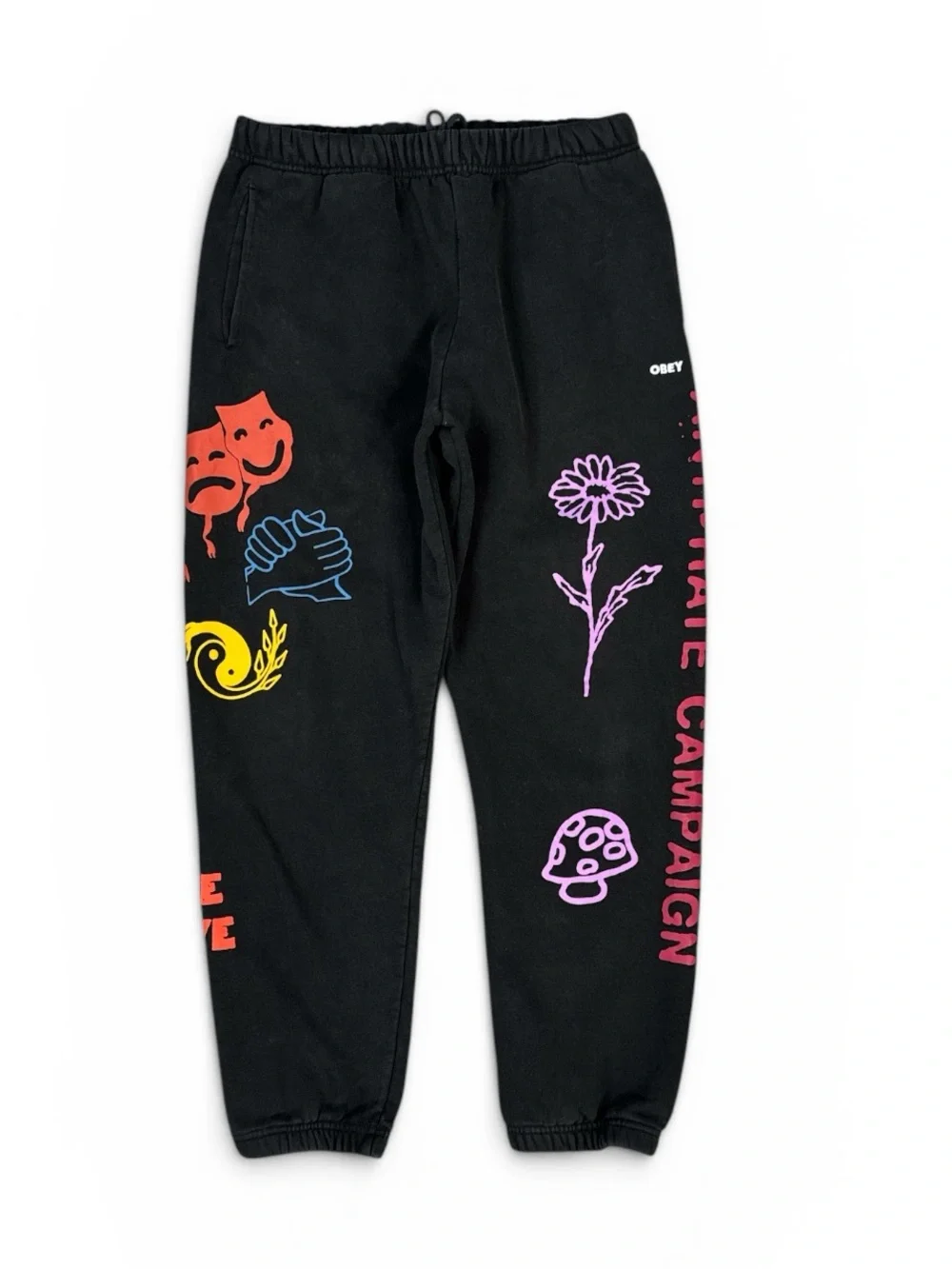 OBEY ANTI HATE UNISEX GRAPHIC JOGGER SWEATPANTS BLACK STREETWEAR PUNK GRUNGE